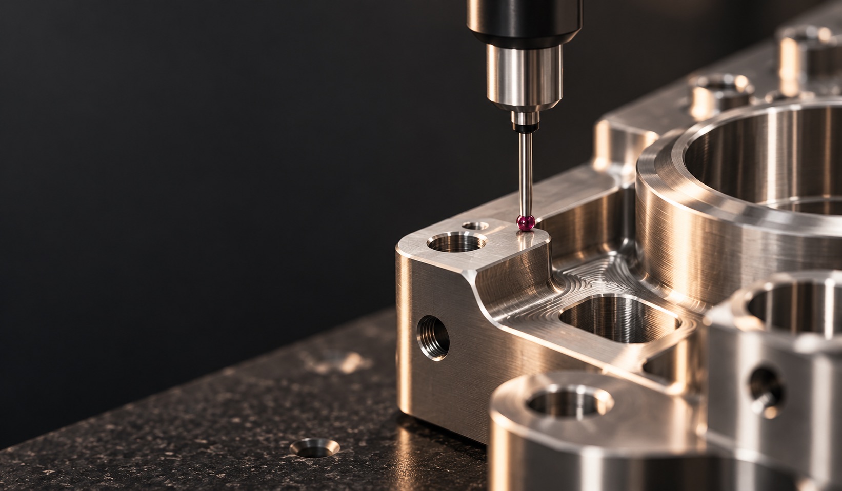 CMM touch probe measuring a machined part on a granite surface plate
