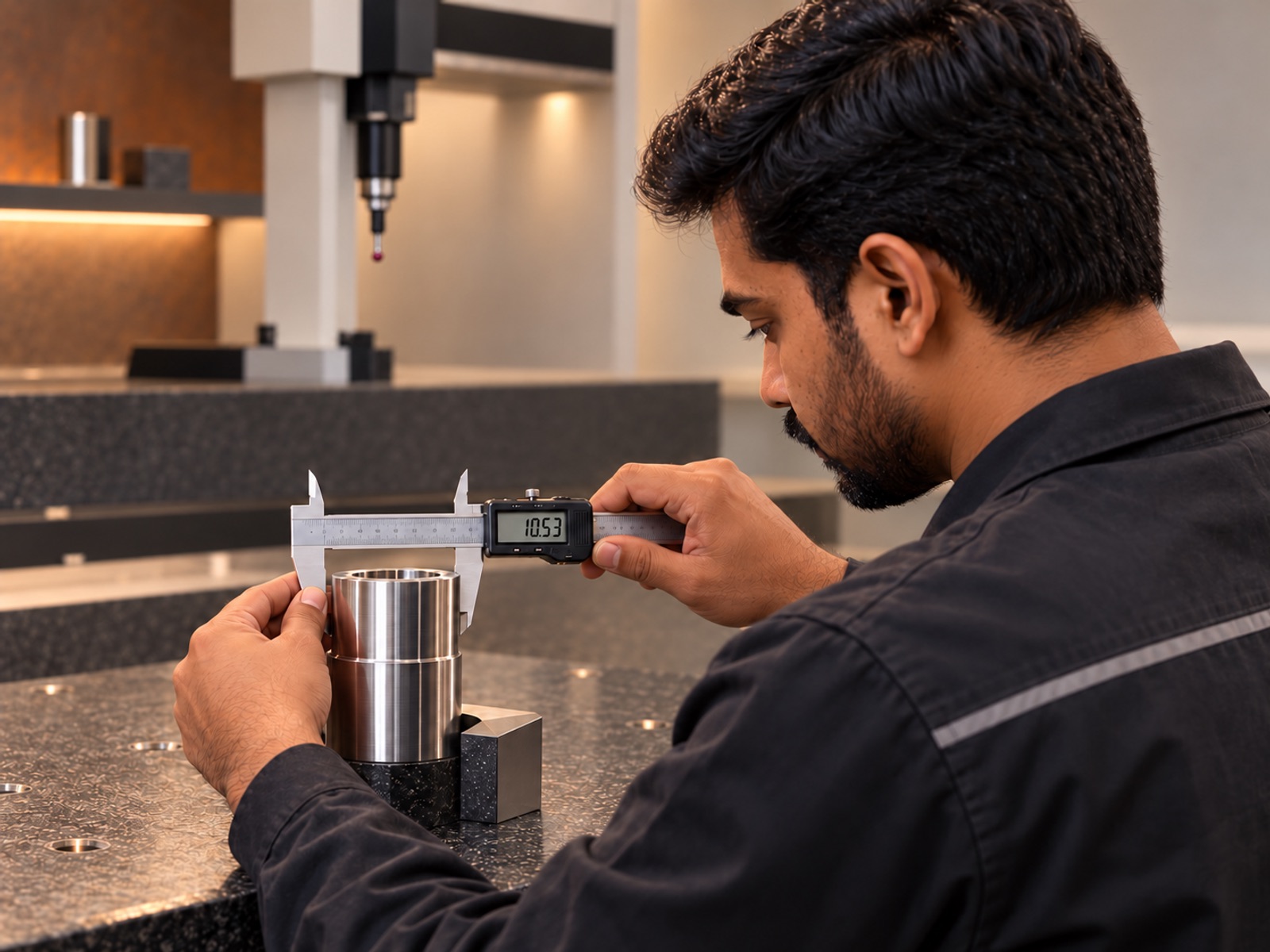 Inspector measuring a turned part with digital calipers